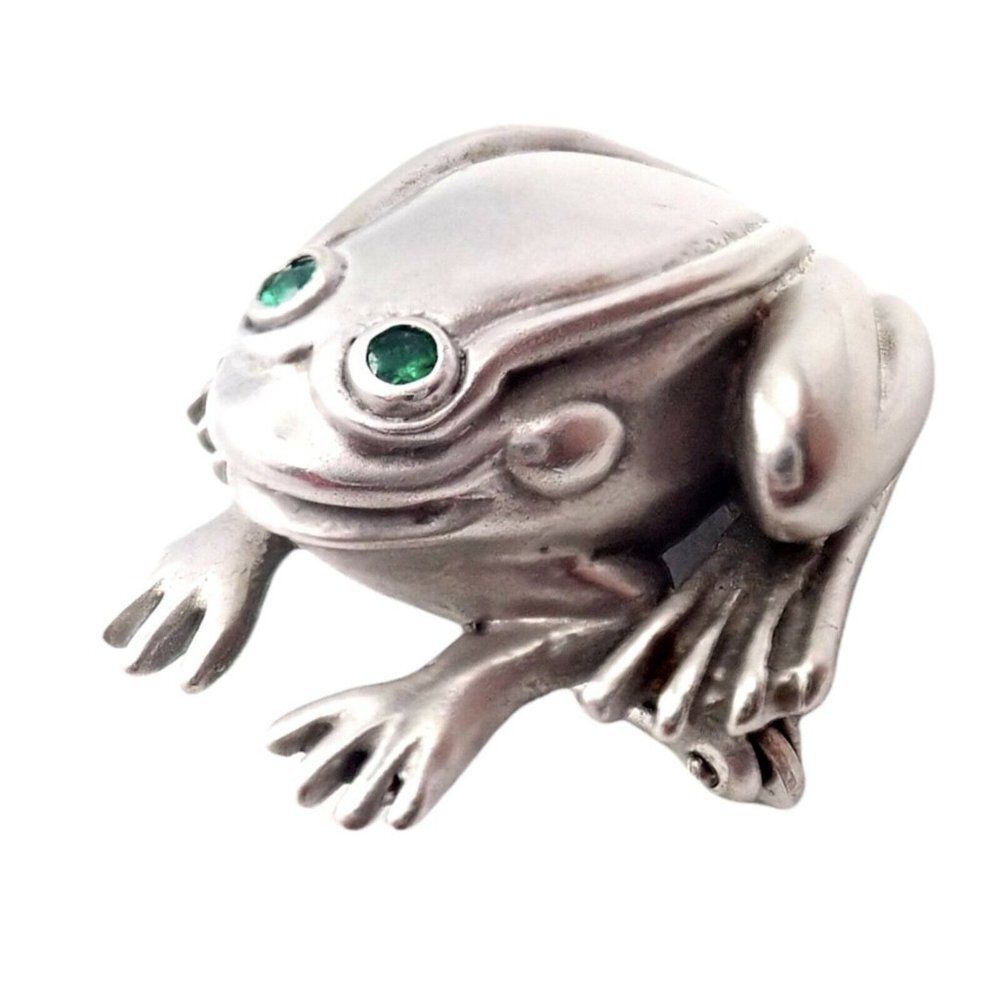 Rare! Authentic Kieselstein Cord 18k White Gold Frog Emerald Brooch 1998​